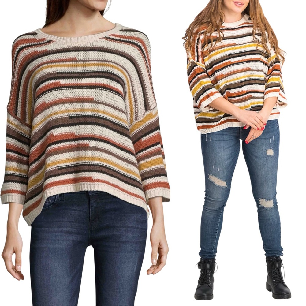 JOHN PAUL RICHARD Striped Slouchy Knit Crop Sleeve Sweater